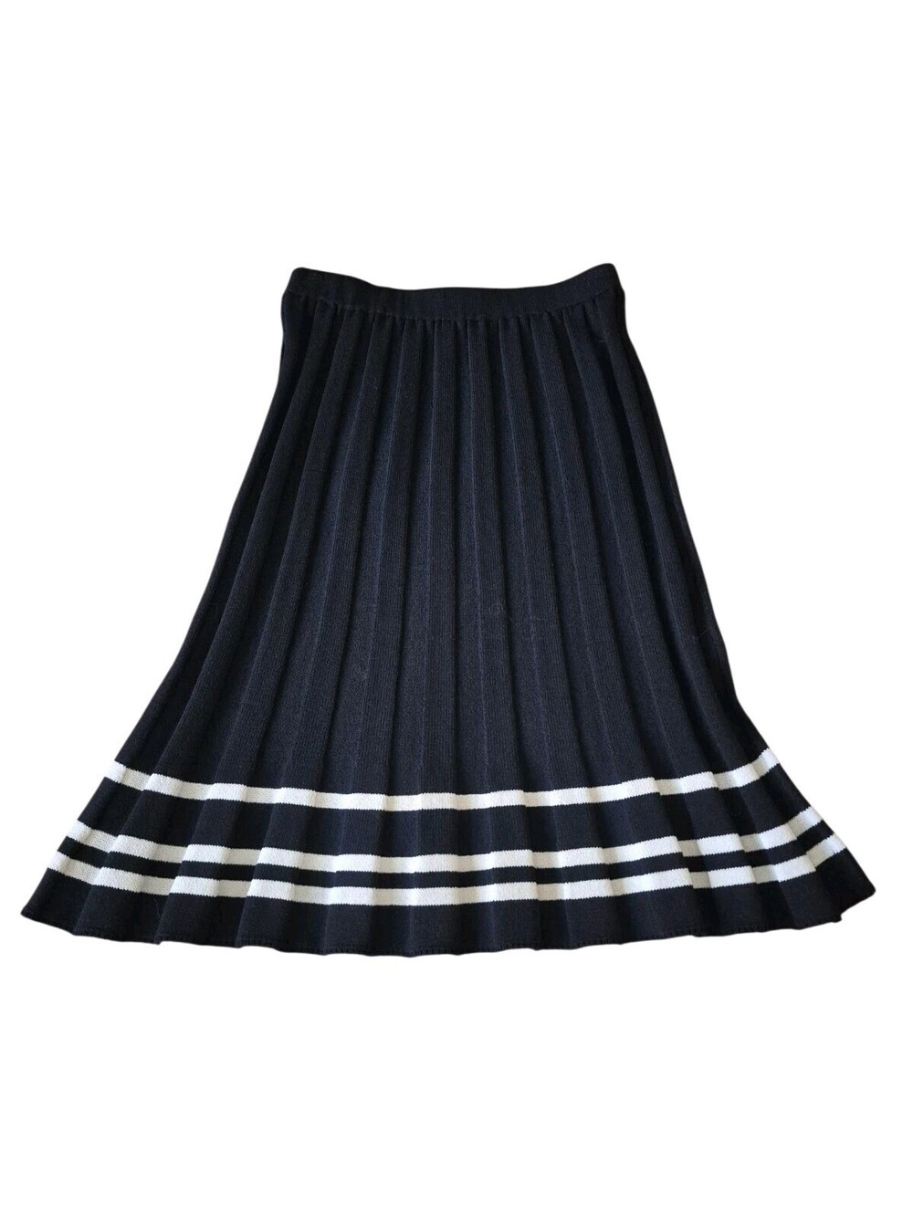 ST. JOHN Collection Black Santana Knit Pleated Striped A-Line Midi Skirt Size 2